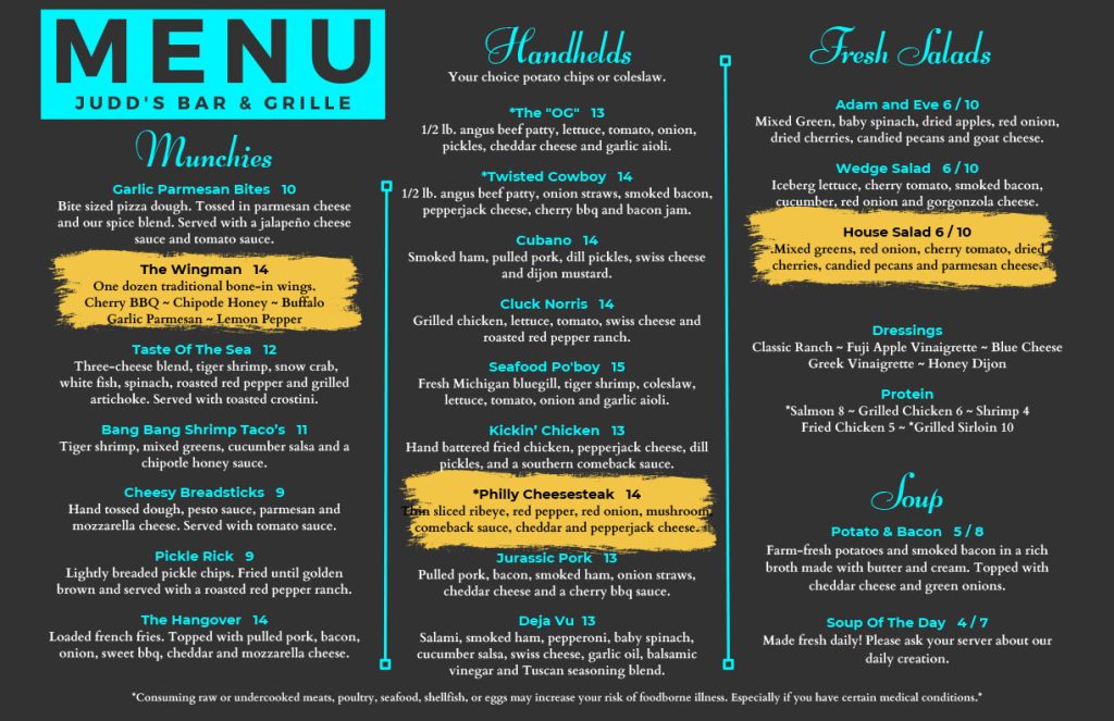 Menu Gun Lake Restaurant, Wayland Judd's Bar and Grille