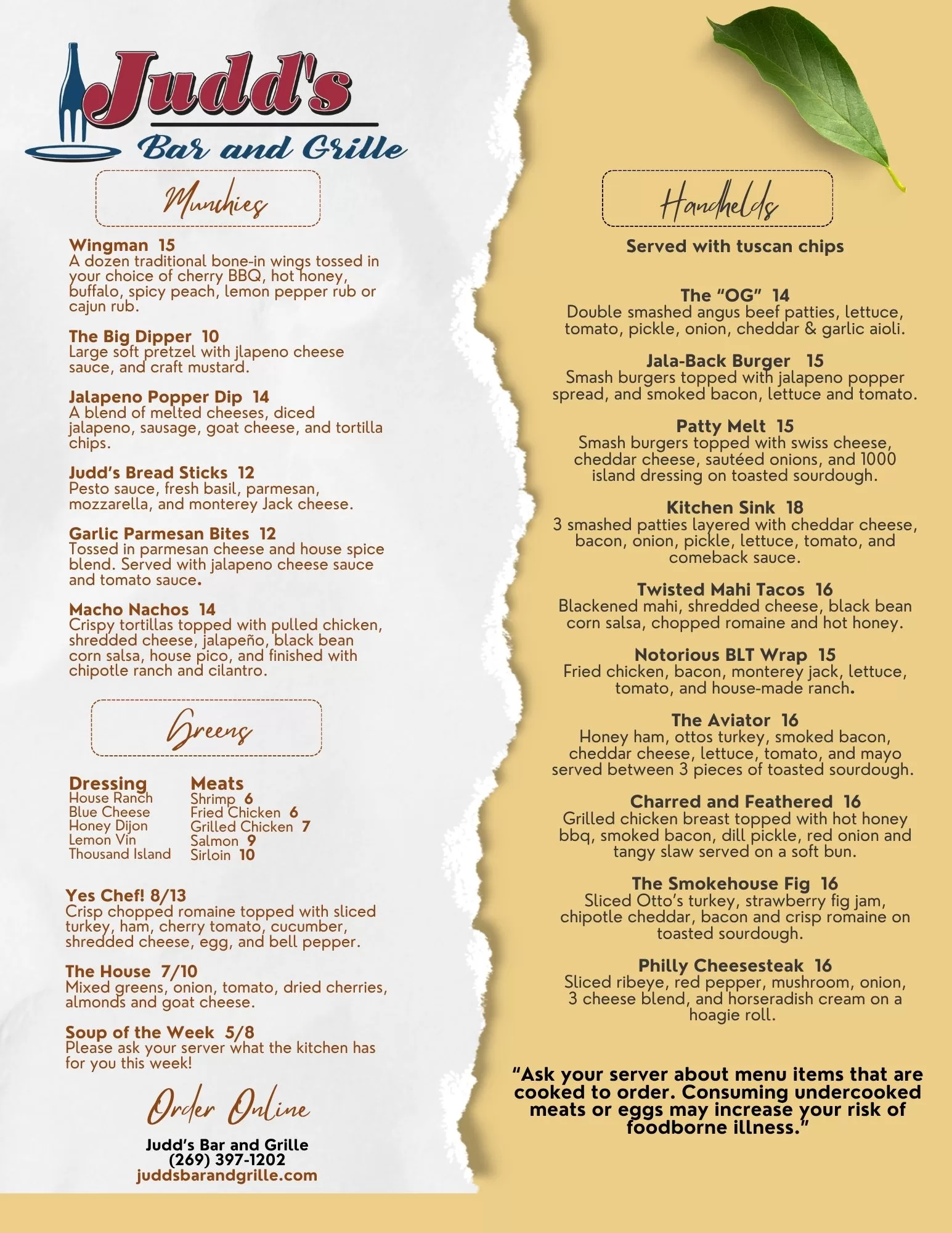 Judds Food Menu Pg 1