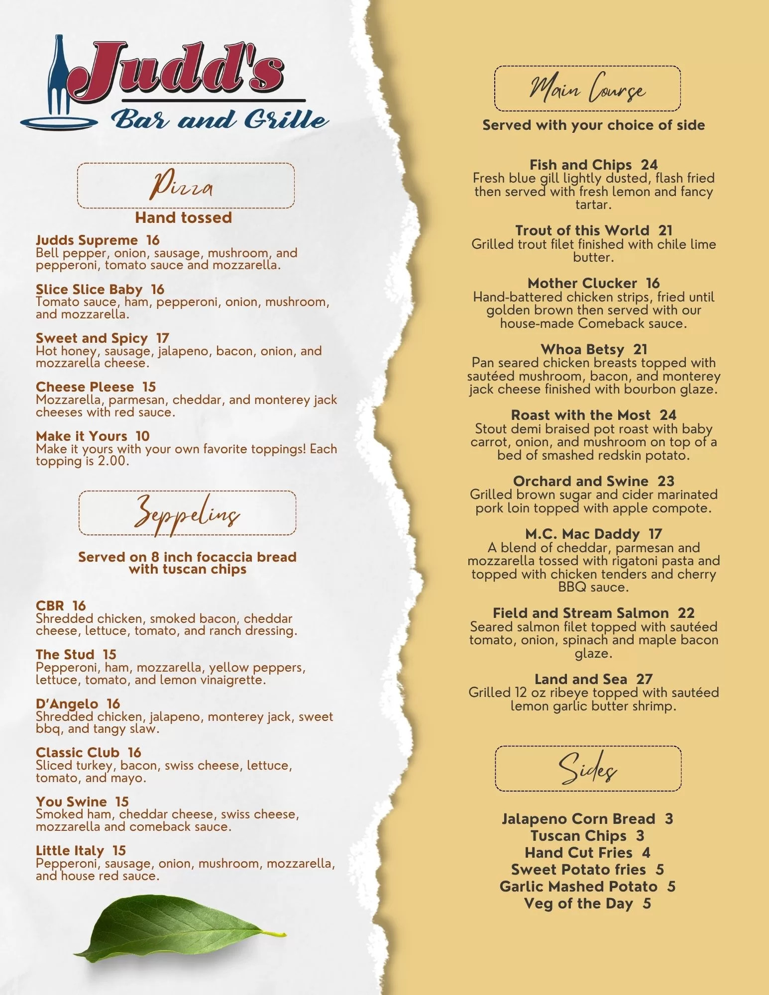Judds Food Menu Pg 2
